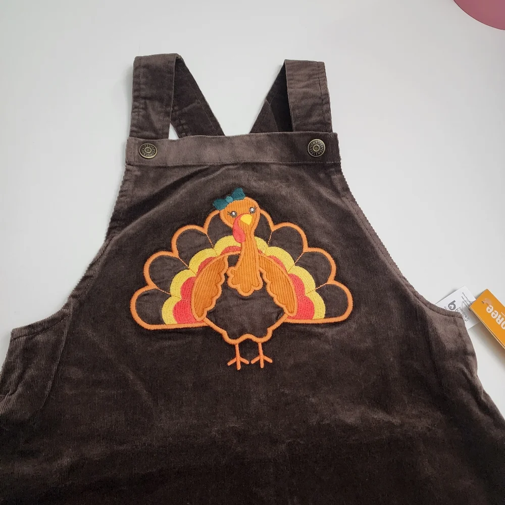 Gymboree Corduroy Embroidered Turkey Thanksgiving Overalls Dress Size 12 NEW